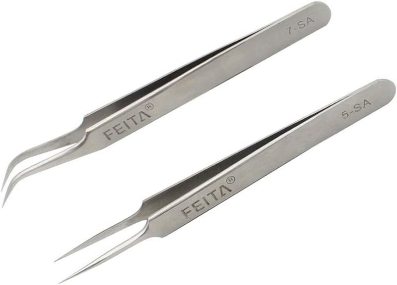 FEITA Precision Tweezers Professional Stainless Steel Straight Curved Pointed Very Fine Tips Tweezer set for Eyelash Extension Lash Extensions Hair Plucking Silver 2Pcs - Image 1