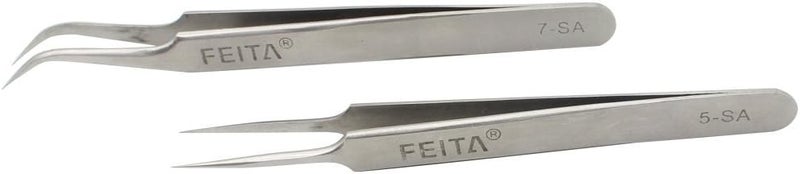 FEITA Precision Tweezers Professional Stainless Steel Straight Curved Pointed Very Fine Tips Tweezer set for Eyelash Extension Lash Extensions Hair Plucking Silver 2Pcs - Image 5