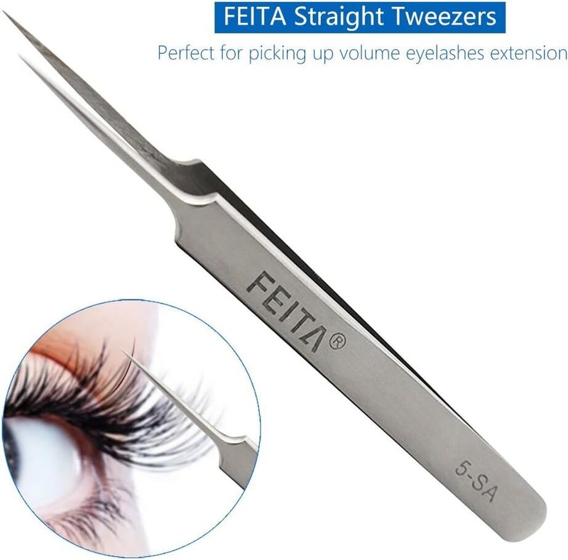 FEITA Precision Tweezers Professional Stainless Steel Straight Curved Pointed Very Fine Tips Tweezer set for Eyelash Extension Lash Extensions Hair Plucking Silver 2Pcs - Image 3