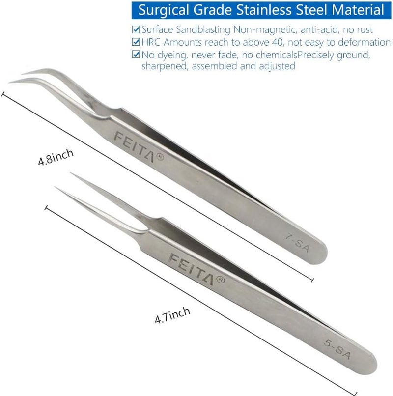 FEITA Precision Tweezers Professional Stainless Steel Straight Curved Pointed Very Fine Tips Tweezer set for Eyelash Extension Lash Extensions Hair Plucking Silver 2Pcs - Image 4