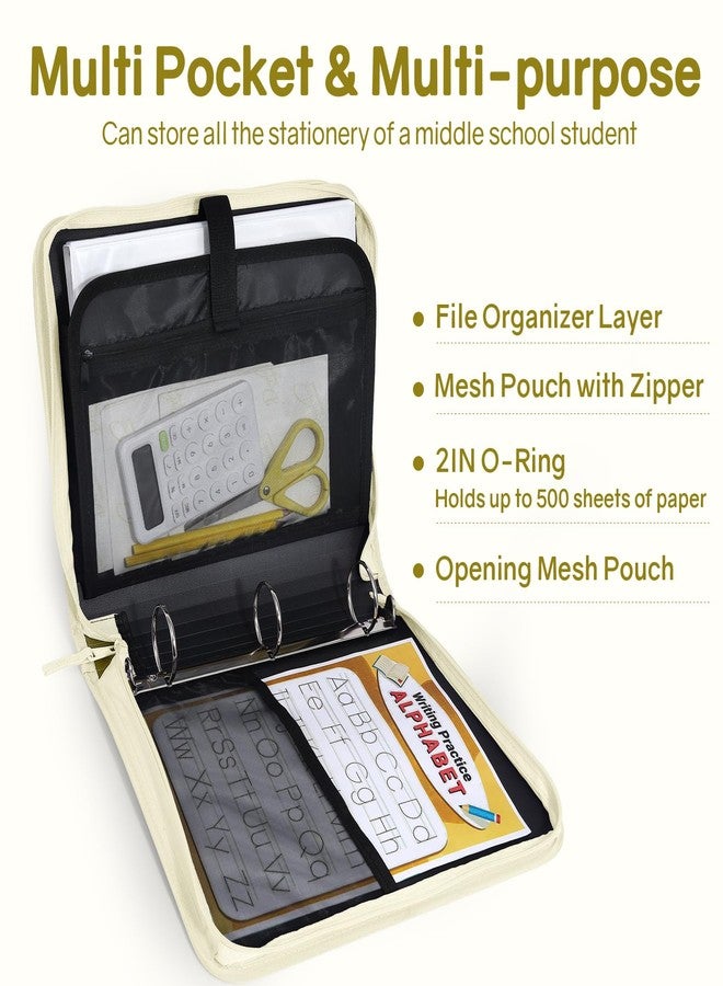 SUNEE Zippered Binder Bag with Handle, 2-Inch 3-Ring O-Ring, 500-Sheet Capacity, Includes Zip Pocket, 5-Tab Expanding File Folder, Multi-Pocket Organizer Binder for Middle School, Soft Beige - Image 3