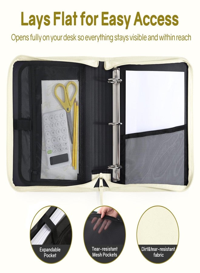 SUNEE Zippered Binder Bag with Handle, 2-Inch 3-Ring O-Ring, 500-Sheet Capacity, Includes Zip Pocket, 5-Tab Expanding File Folder, Multi-Pocket Organizer Binder for Middle School, Soft Beige - Image 4
