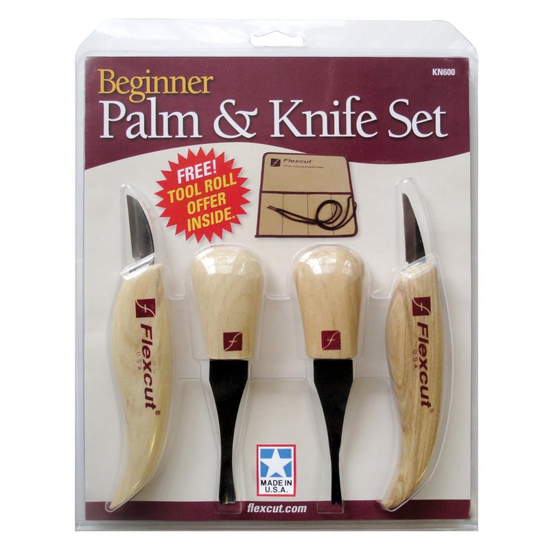 Flexcut Wood Carving Tools Beginner Palm & Knife Set KN600 | Includes Cutting Knife and Detail Knife Plus Two Palm Tools | 1095 High Carbon Steel Blades and Ergonomic Ashwood Handles - Image 2