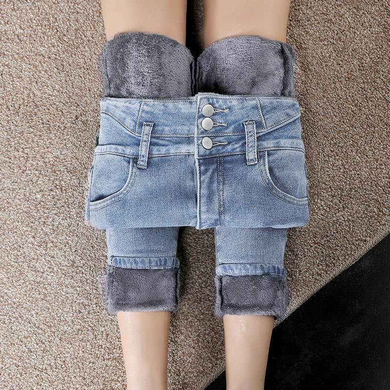 Light-Colored Fleece-Lined High-Waisted Slimming Women'S Jeans 2025 Winter Thickened Outerwear Stretchy Skinny Pants - Image 2