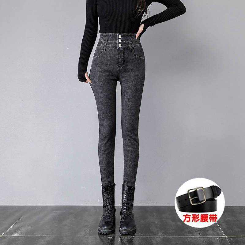 Light-Colored Fleece-Lined High-Waisted Slimming Women'S Jeans 2025 Winter Thickened Outerwear Stretchy Skinny Pants - Image 1