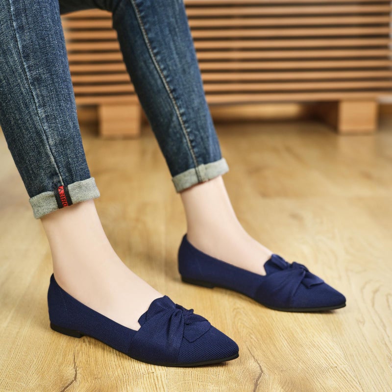 HIULYCENCE Women's Flats Shoes Pointed Toe Ballet Flats with Bow Comfortable Knit Dressy Flats Navy US8.5 - Image 2