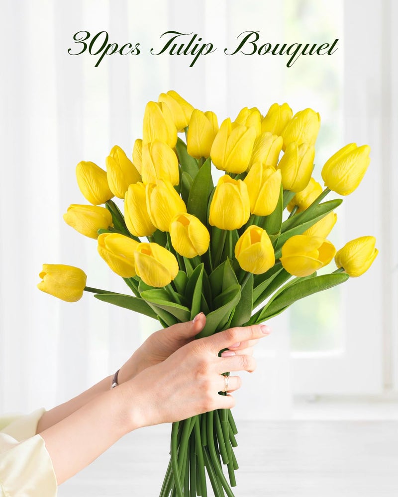 MACTING Yellow Artificial Tulip Flowers - 13.7" 30PCS Real Touch Fake PU Tulips Bouquet Faux Spring Flowers for Floral Arrangements Table Centerpiece Kitchen Home Mothers Day Easter Decorations - Image 5