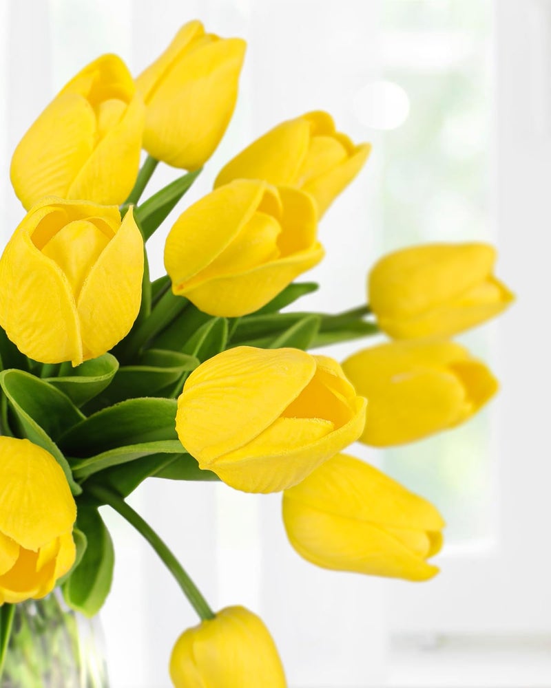 MACTING Yellow Artificial Tulip Flowers - 13.7" 30PCS Real Touch Fake PU Tulips Bouquet Faux Spring Flowers for Floral Arrangements Table Centerpiece Kitchen Home Mothers Day Easter Decorations - Image 3