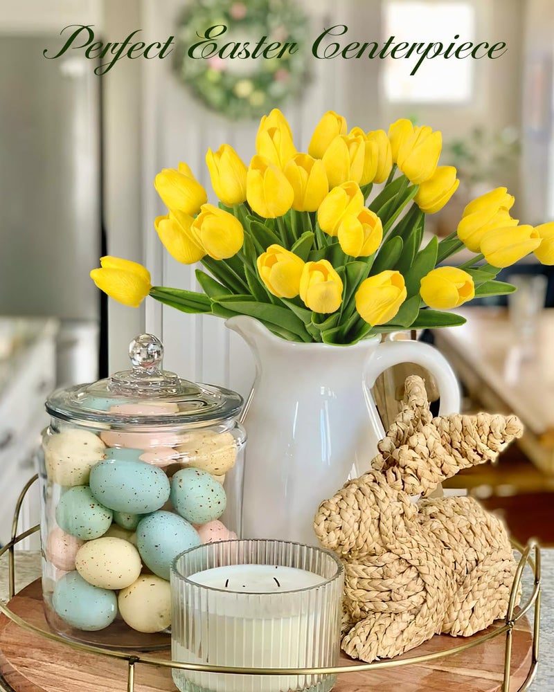 MACTING Yellow Artificial Tulip Flowers - 13.7" 30PCS Real Touch Fake PU Tulips Bouquet Faux Spring Flowers for Floral Arrangements Table Centerpiece Kitchen Home Mothers Day Easter Decorations - Image 2