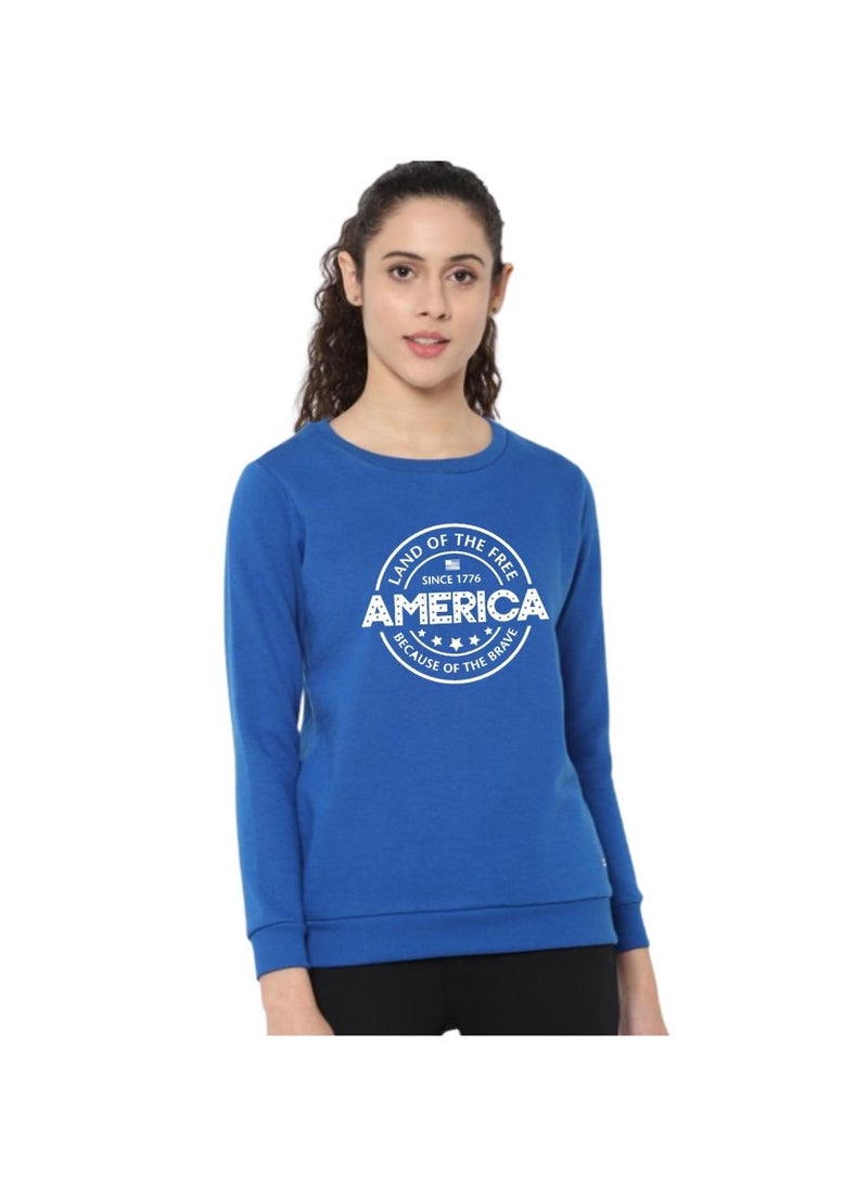 USA Women's Sweatshirt–Blue Full Sleeve With “AMERICA Land Of The Free” Print – Soft Cotton Casual Wear For Style & Comfort - Image 1