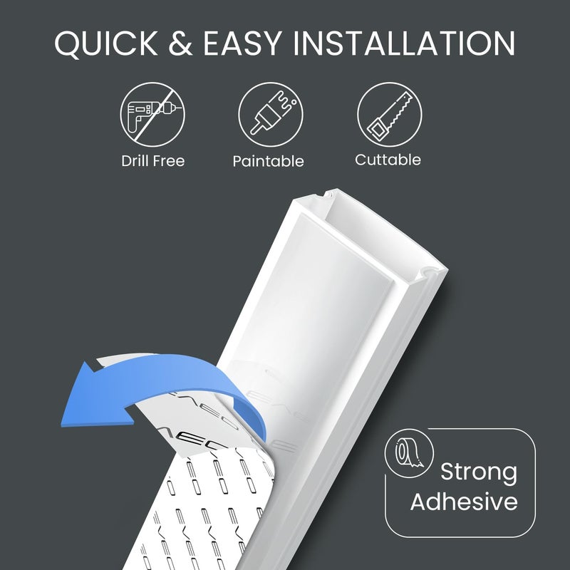 EVEO Cord Hider - 306â€ Cord Cover Wall Cable Hider, Cable Concealer, Wire Hiders for TV on Wall. Cable Management, Cord Hider Wall Cable Raceway Wire Covers for Cords -18X (L17 W0.95 H0.5) - White - Image 2