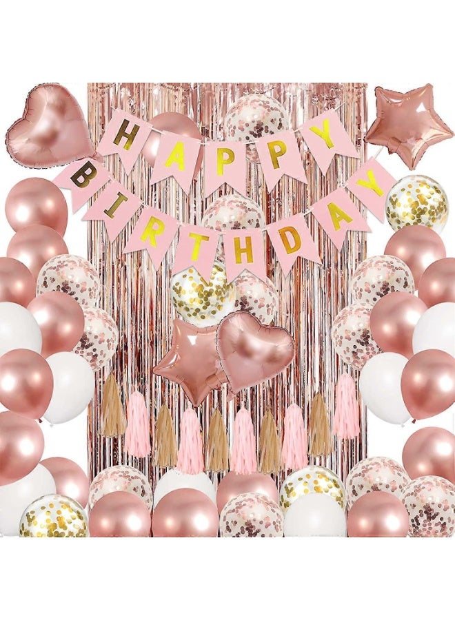 Daytoyz Rose Gold Birthday Party Decorations Kit, Confetti Foil Rose Gold Balloons Happy Birthday Banner Tassels Metallic Fringe - Image 1