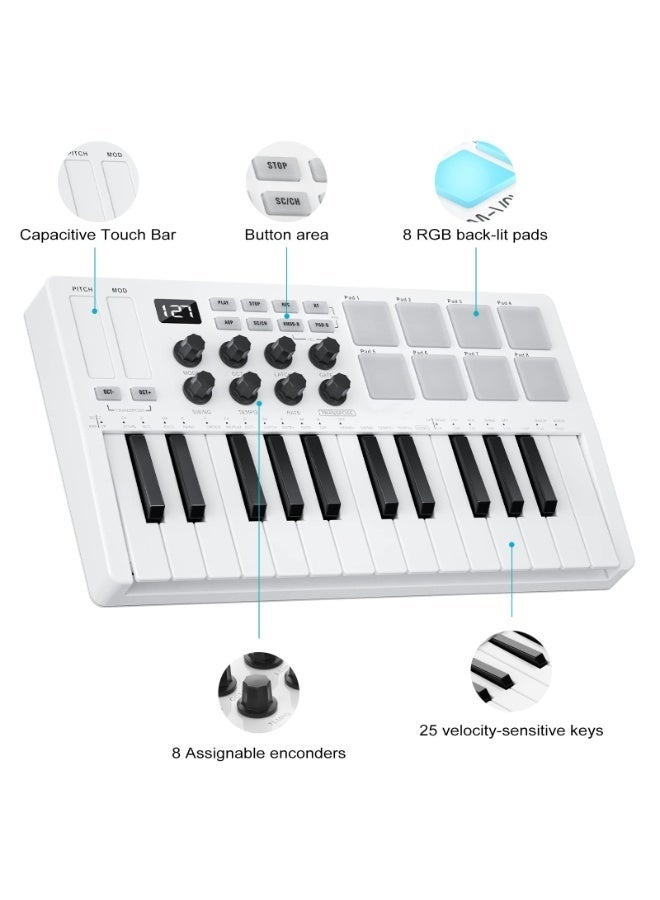 والالا وحدة تحكم لوحة مفاتيح MIDI بـ ٢٥ مفتاحًا - بلوتوث/USB مع لوحة مفاتيح شبه مرجحة و٨ وسادات طبول بإضاءة خلفية | تتضمن برنامج DAW لإنتاج الموسيقى | ٨ مقابض قابلة للتخصيص، مثالية للاستوديوهات المنزلية (أبيض) - Image 3