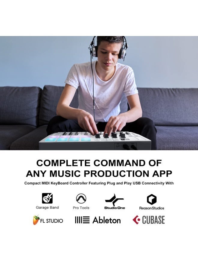 والالا وحدة تحكم لوحة مفاتيح MIDI بـ ٢٥ مفتاحًا - بلوتوث/USB مع لوحة مفاتيح شبه مرجحة و٨ وسادات طبول بإضاءة خلفية | تتضمن برنامج DAW لإنتاج الموسيقى | ٨ مقابض قابلة للتخصيص، مثالية للاستوديوهات المنزلية (أبيض) - Image 2