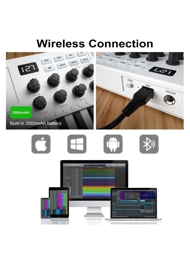 والالا وحدة تحكم لوحة مفاتيح MIDI بـ ٢٥ مفتاحًا - بلوتوث/USB مع لوحة مفاتيح شبه مرجحة و٨ وسادات طبول بإضاءة خلفية | تتضمن برنامج DAW لإنتاج الموسيقى | ٨ مقابض قابلة للتخصيص، مثالية للاستوديوهات المنزلية (أبيض) - Image 5