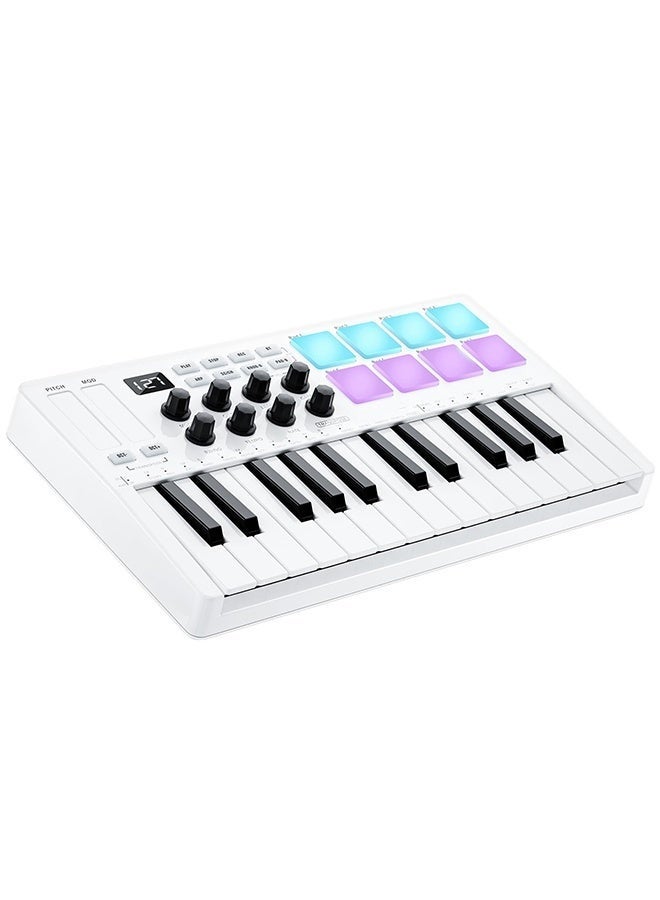 والالا وحدة تحكم لوحة مفاتيح MIDI بـ ٢٥ مفتاحًا - بلوتوث/USB مع لوحة مفاتيح شبه مرجحة و٨ وسادات طبول بإضاءة خلفية | تتضمن برنامج DAW لإنتاج الموسيقى | ٨ مقابض قابلة للتخصيص، مثالية للاستوديوهات المنزلية (أبيض) - Image 1