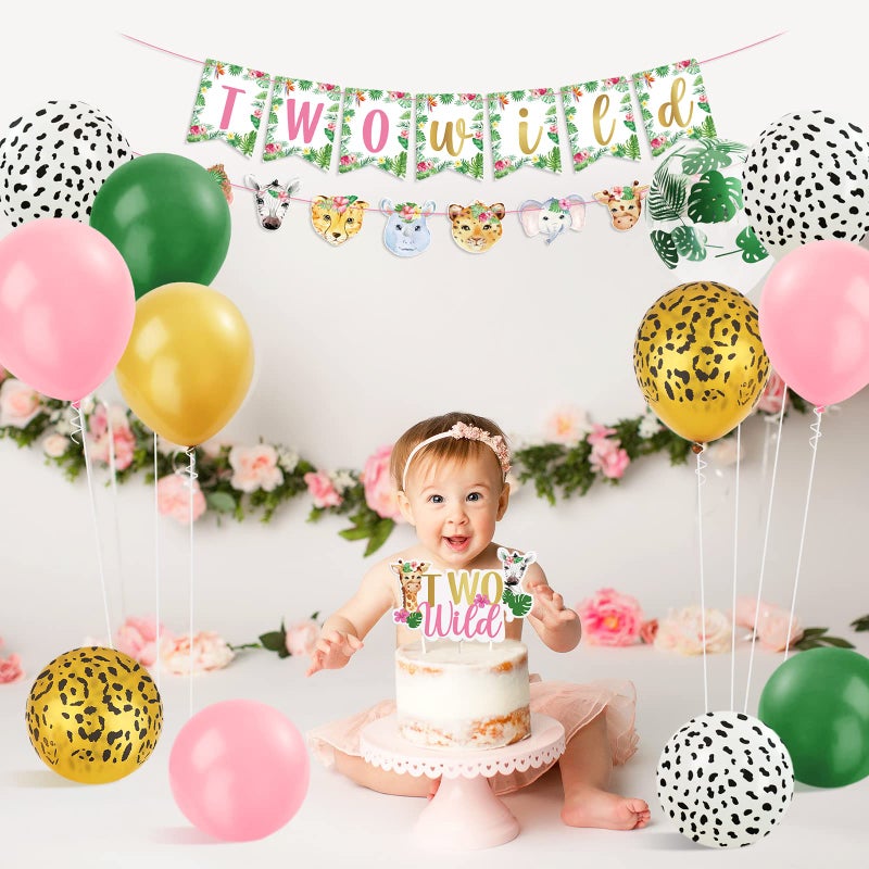 Bessmoso Two Wild Birthday Decorations 54 pcs Jungle Safari Themed 2nd Birthday Jungle Wild Animals Banner Balloons Cake Topper Cupcake Toppers for Girls Pink Wild Safari Themed Party Decoration - Image 5
