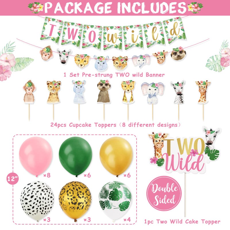 Bessmoso Two Wild Birthday Decorations 54 pcs Jungle Safari Themed 2nd Birthday Jungle Wild Animals Banner Balloons Cake Topper Cupcake Toppers for Girls Pink Wild Safari Themed Party Decoration - Image 3