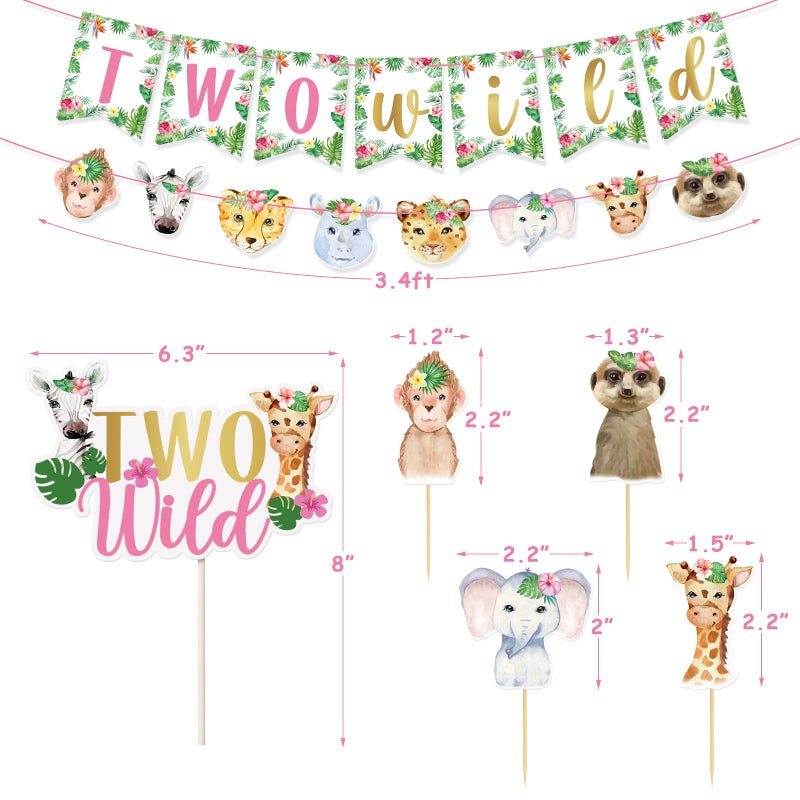 Bessmoso Two Wild Birthday Decorations 54 pcs Jungle Safari Themed 2nd Birthday Jungle Wild Animals Banner Balloons Cake Topper Cupcake Toppers for Girls Pink Wild Safari Themed Party Decoration - Image 4
