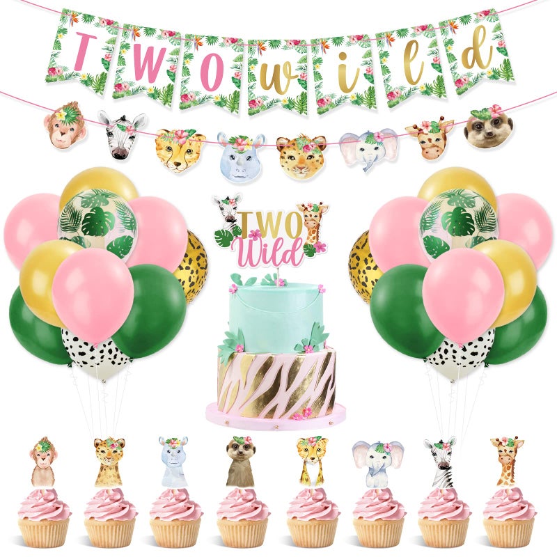 Bessmoso Two Wild Birthday Decorations 54 pcs Jungle Safari Themed 2nd Birthday Jungle Wild Animals Banner Balloons Cake Topper Cupcake Toppers for Girls Pink Wild Safari Themed Party Decoration - Image 1