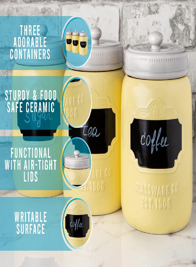 Comfify مجموعة حاويات سيراميك جرة ميسون للمطبخ - مجموعة من 3 حاويات تخزين زخرفية بأغطية محكمة للهواء للقهوة والسكر والمزيد - تخزين على الطراز الريفي مع سطح قابل لإعادة الكتابة - 12.85 أونصة/حاوية - Image 2