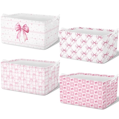Bulyoou 4pcs Christmas Storage Basket Fabric Laundry Baskets with Handle Xmas Foldable Organizer Boxes for Office Home Baby Cloth Toy Book 15 x 10 x 8 Pink Bowknot - Image 1