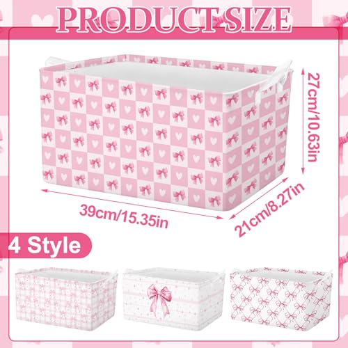 Bulyoou 4pcs Christmas Storage Basket Fabric Laundry Baskets with Handle Xmas Foldable Organizer Boxes for Office Home Baby Cloth Toy Book 15 x 10 x 8 Pink Bowknot - Image 3