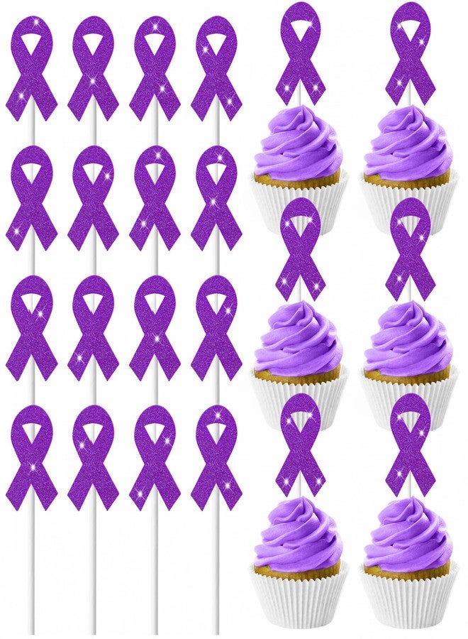 Marspark 48 Pieces Purple Ribbon Cupcake Toppers Domestic Violence Awareness Alzheimer's Disease Care Awareness Cake Topper for Happy Free Survivor Warrior Birthday Party Decoration Decor Supplies - Image 1