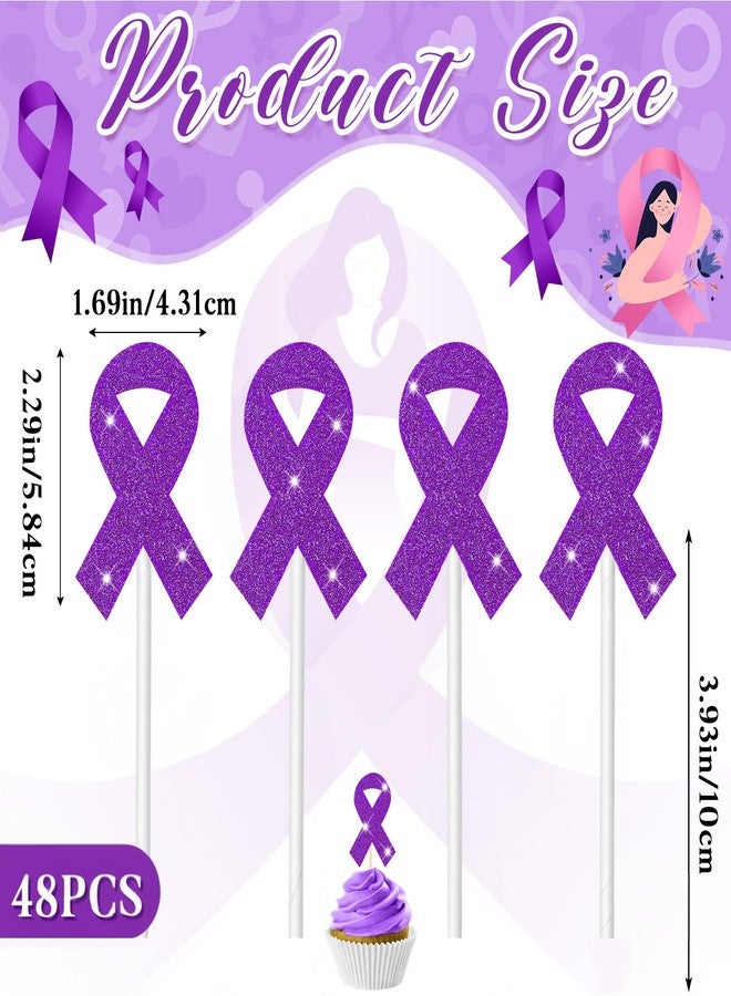 Marspark 48 Pieces Purple Ribbon Cupcake Toppers Domestic Violence Awareness Alzheimer's Disease Care Awareness Cake Topper for Happy Free Survivor Warrior Birthday Party Decoration Decor Supplies - Image 2