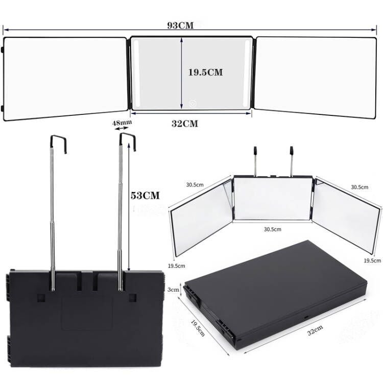 Retractable Adjustable Hanging Led Makeup Folding Three-Sided Mirror Three-Fold Mirror Rear View Barber Mirror - Image 1