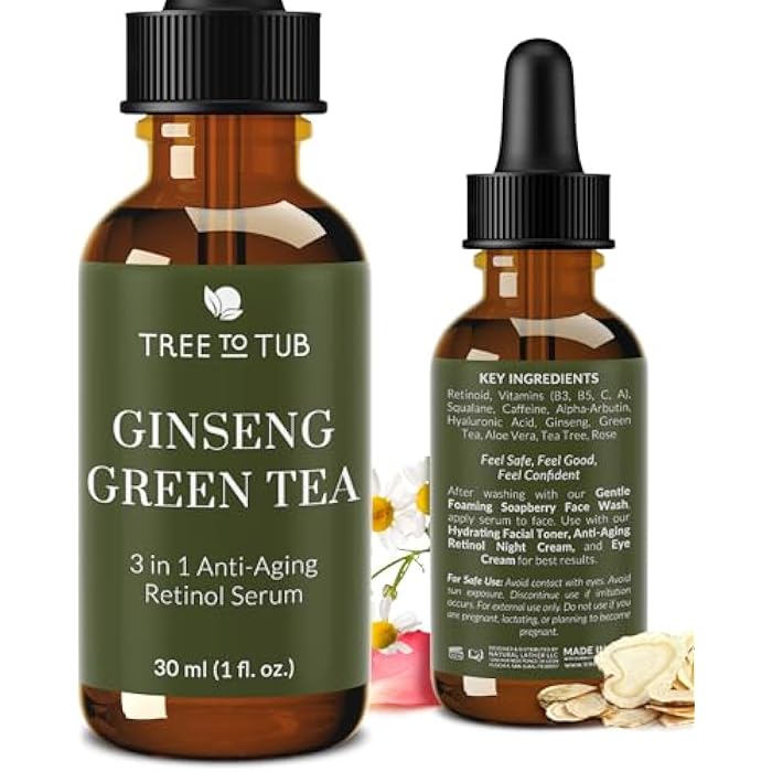 Tree To Tub Anti Aging Retinol, Vitamin C, Hyaluronic Acid Serum for Face & Wrinkles - Hydrating Facial Serum for Dry & Sensitive Skin, Night Serum for Women & Men w/Vitamin A, E, Glycolic Acid - Image 1
