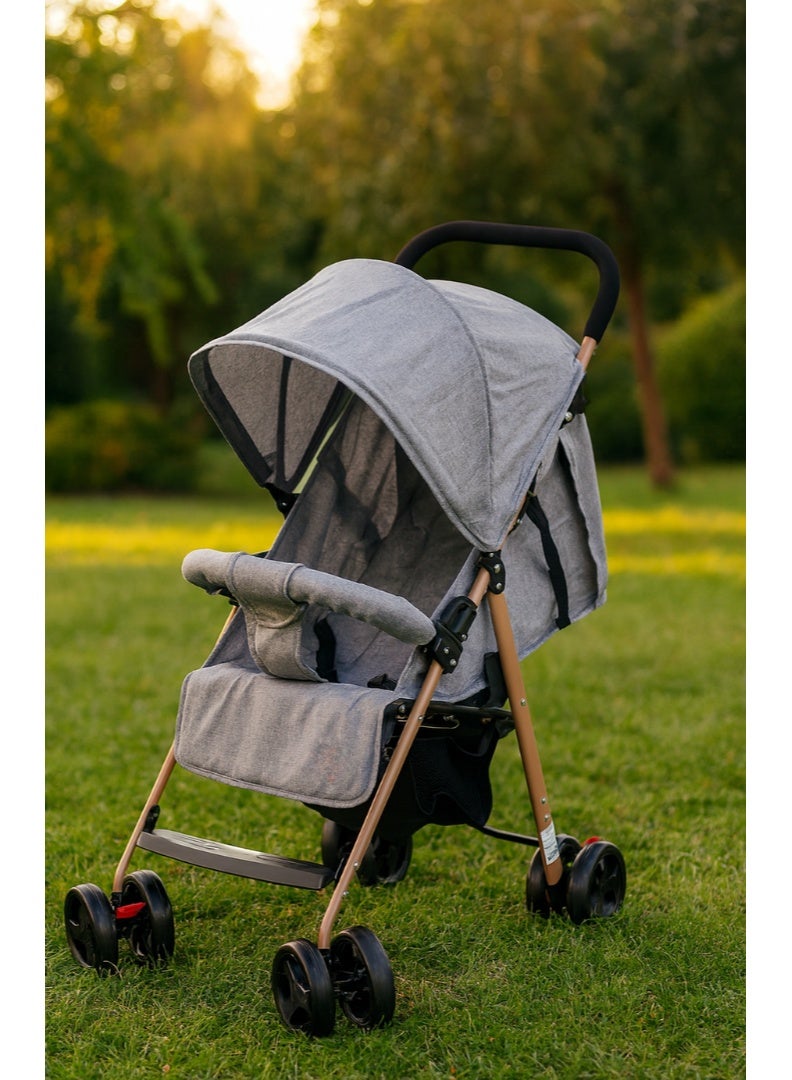 SMR Kids Foldable Stroller, Lightweight Metal Frame, Ergonomic Double Wheel Design, with Sunshade, Safety Belt, Bottom Storage Basket (Silver) - Image 1