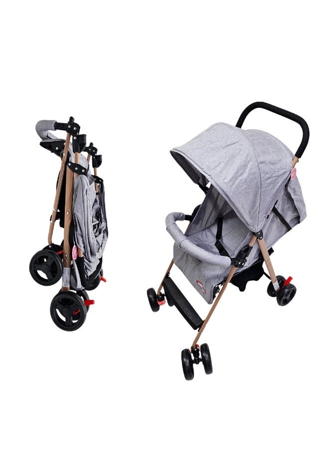 SMR Kids Foldable Stroller, Lightweight Metal Frame, Ergonomic Double Wheel Design, with Sunshade, Safety Belt, Bottom Storage Basket (Silver) - Image 2