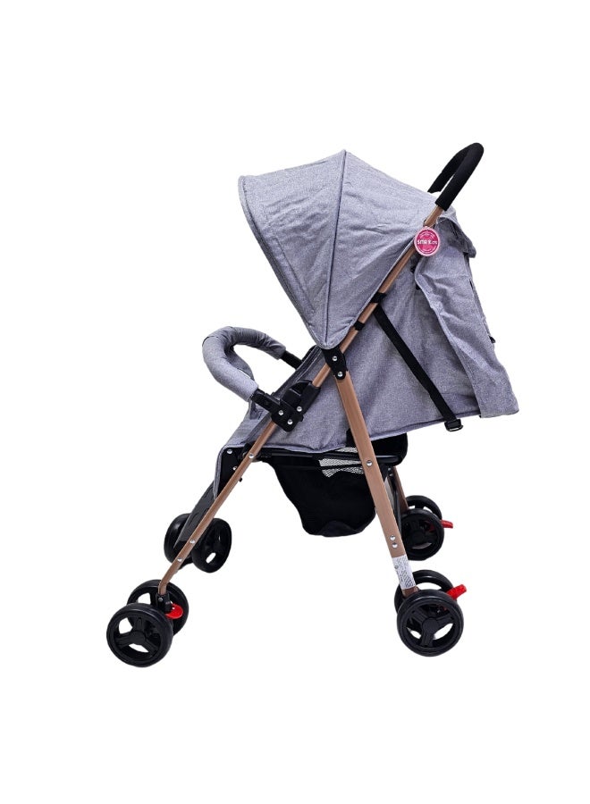 SMR Kids Foldable Stroller, Lightweight Metal Frame, Ergonomic Double Wheel Design, with Sunshade, Safety Belt, Bottom Storage Basket (Silver) - Image 3