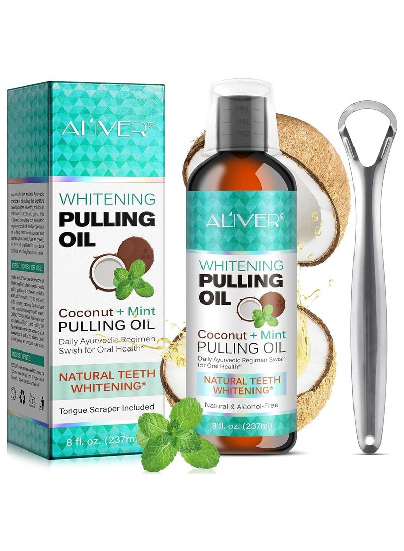 ALIVER Pulling Oil with Coconut & Mint (237ml) – Natural Mouthwash for Teeth Whitening, Fresh Breath, and Gum Health – Includes Organic Essential Oils and Tongue Scraper - Image 1