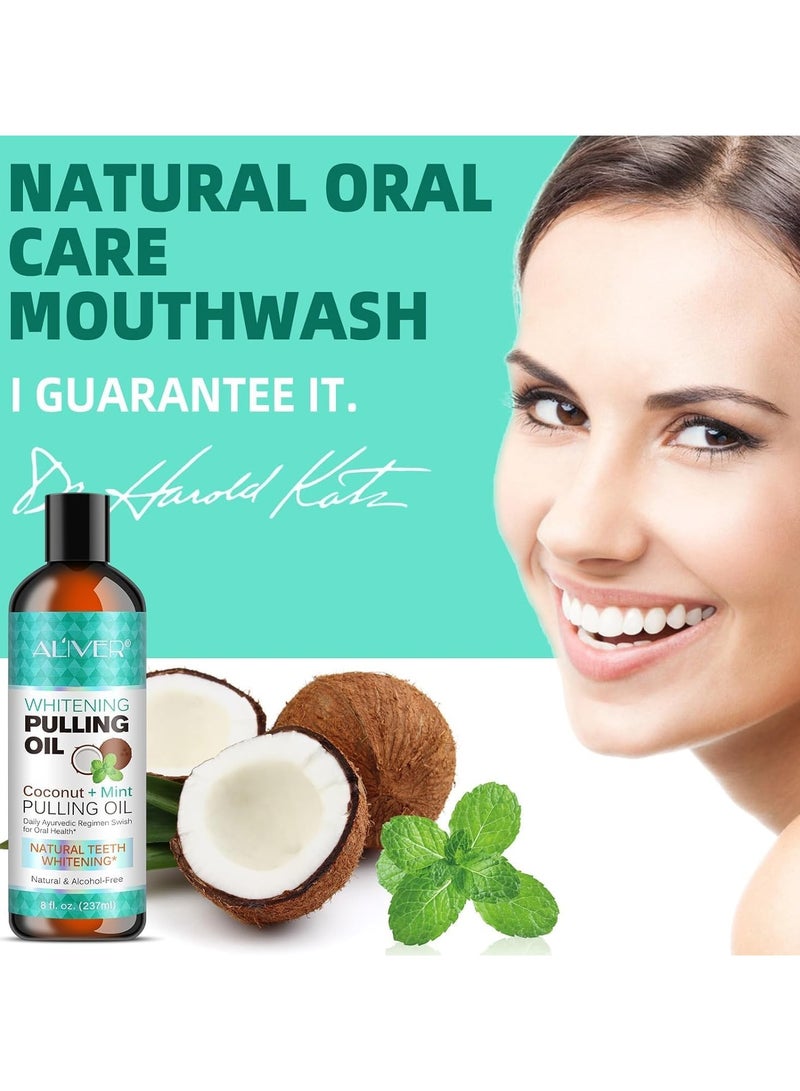 ALIVER Pulling Oil with Coconut & Mint (237ml) – Natural Mouthwash for Teeth Whitening, Fresh Breath, and Gum Health – Includes Organic Essential Oils and Tongue Scraper - Image 2