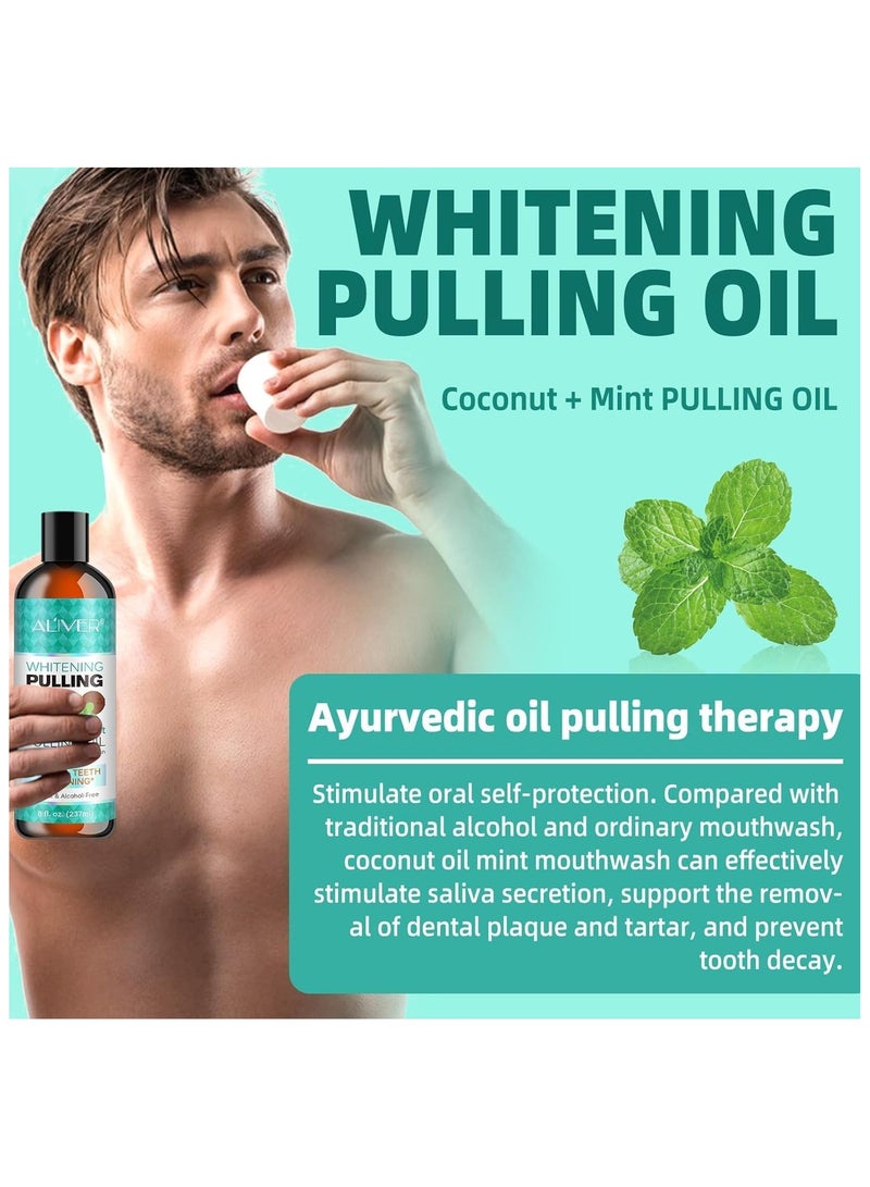 ALIVER Pulling Oil with Coconut & Mint (237ml) – Natural Mouthwash for Teeth Whitening, Fresh Breath, and Gum Health – Includes Organic Essential Oils and Tongue Scraper - Image 4