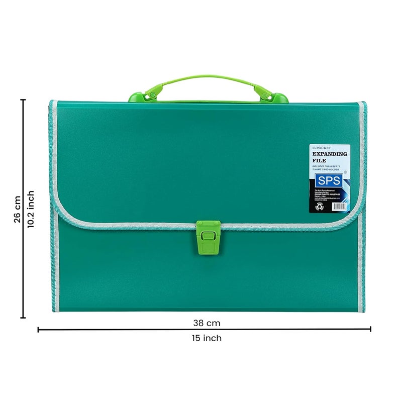 sps 13 Pocket Expanding File Folder with Buckle Closure,Label Index and Handle for A4/Foolscap/Legal Documents (Green) - Image 3