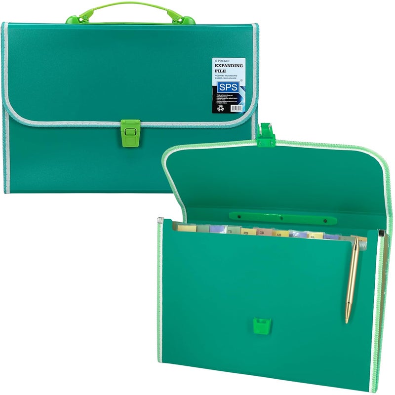 sps 13 Pocket Expanding File Folder with Buckle Closure,Label Index and Handle for A4/Foolscap/Legal Documents (Green) - Image 1