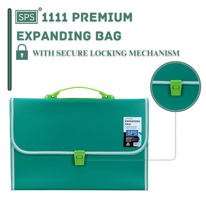 sps 13 Pocket Expanding File Folder with Buckle Closure,Label Index and Handle for A4/Foolscap/Legal Documents (Green) - Image 2