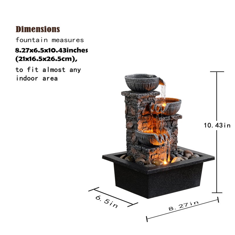Kalona Tabletop Fountain 3 Bowls with LED Light Soothing Water Flowing Sound Fountain Zen/Meditation Home/Office Decor Home DÃ©cor Relaxation Indoor (23113) - Image 3