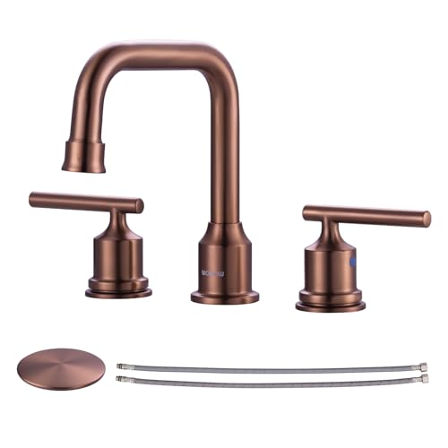 WOWOW Widespread Bathroom Faucet 3 Holes Bathroom Sink Faucet 2 Handle Vanity Faucet with Pop up Drain and Supply Lines Farmhouse Basin Tap 8 Inch Rose Gold - Image 1