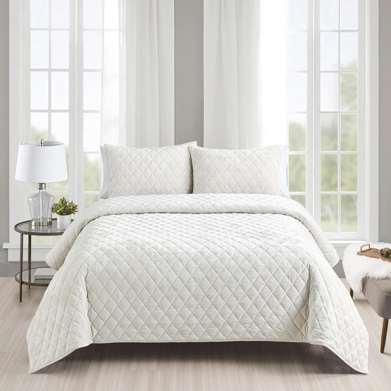 Fredsure Distressed Velvet Quilt Set, 3 Pieces Light Ivory King, Distressed Velvet Face and Brushed Microfiber Reverse with Diamond Quilting - Image 1