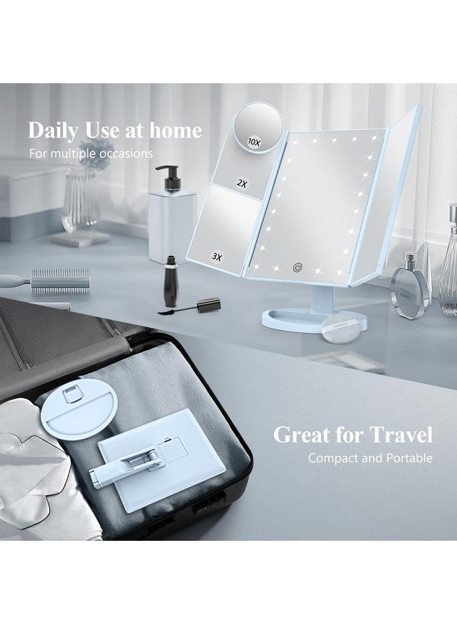 HUONUL Makeup Mirror Vanity with Lights, 2X 3X 10X Magnification, Lighted Mirror, Touch Control, Trifold Dual Power Supply, Portable LED Women Gift (Blue)