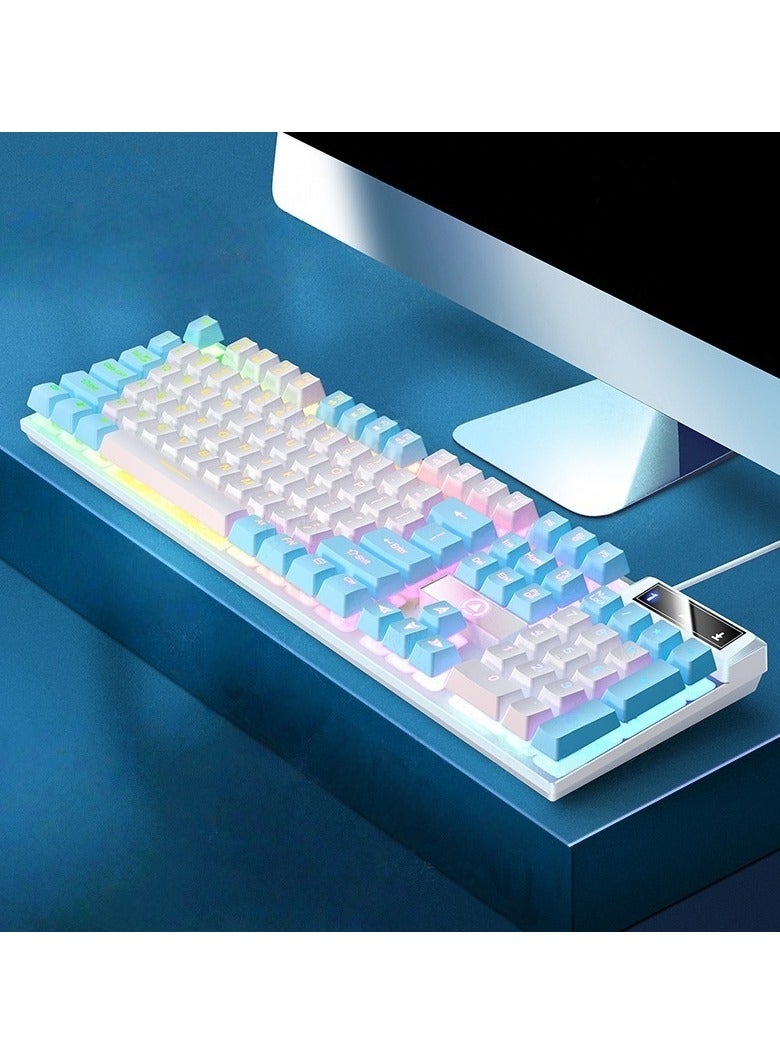 White Blue Dual Color Wired Gaming Keyboard Backlit LED Mechanical Feel RGB Mechanical Feel Keyboard with Spill Resistant Design For Streamers & Students Stylish Gamers