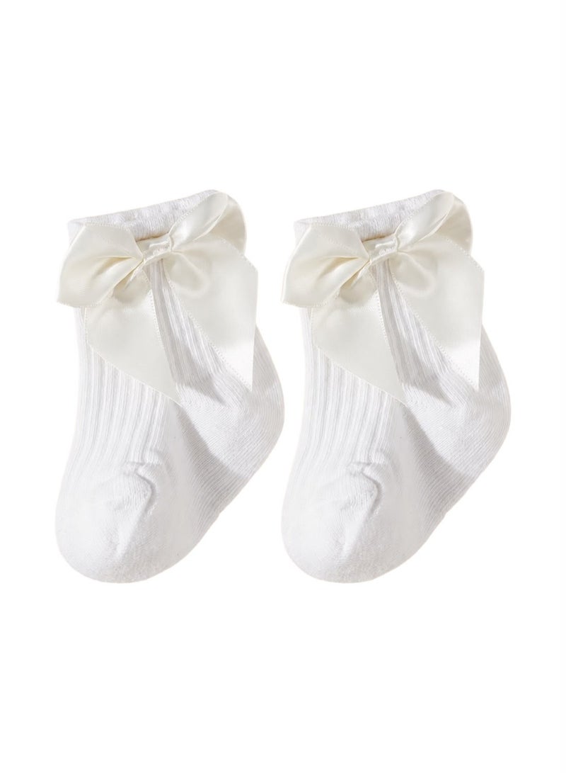 Lion Llama Baby Girl Ribbed Socks with Satin Bow | Soft Cotton Ankle Socks for Newborns and Toddlers | White with Ivory Bow - Image 1