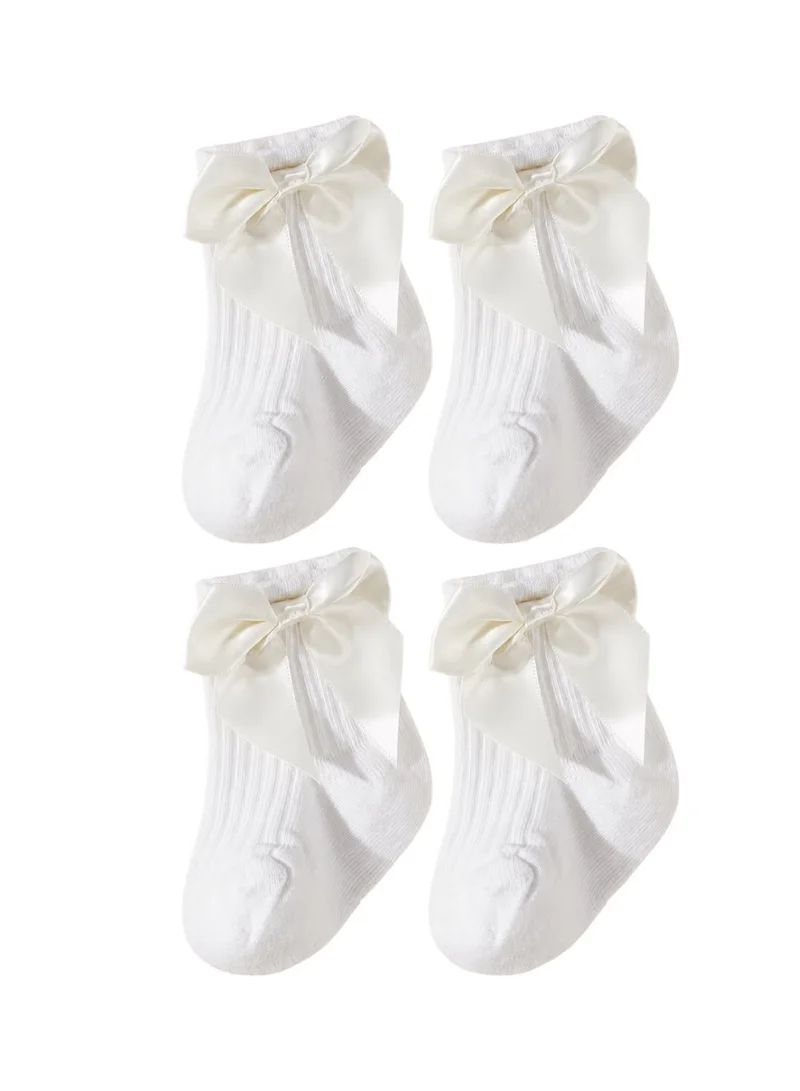 Lion Llama  Lion Llama Baby Girl Ribbed Socks with Satin Bow | Soft Cotton Ankle Socks for Newborns and Toddlers | White with Ivory Bow  | Best Price UAE