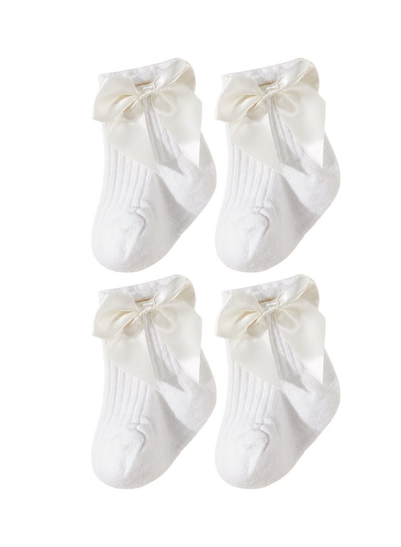 Lion Llama Baby Girl Ribbed Socks with Satin Bow | Soft Cotton Ankle Socks for Newborns and Toddlers | White with Ivory Bow - Image 3
