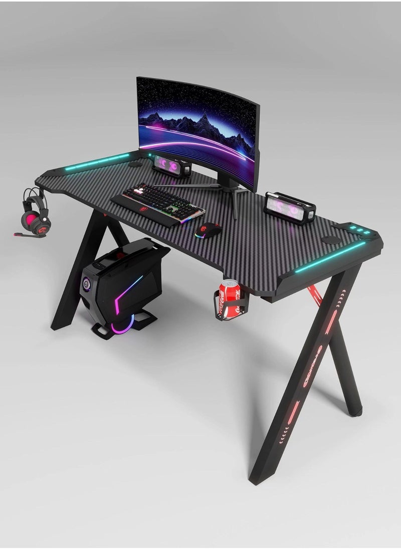 KARNAK - Master Gaming Desk With Remote RGB Lights PC Computer Gaming Table Y Modern Shaped Gamer Home Office Computer Desk Table With Handle Rack Cup Holder Headphone Hook Size 140x65x75 cm - Image 1