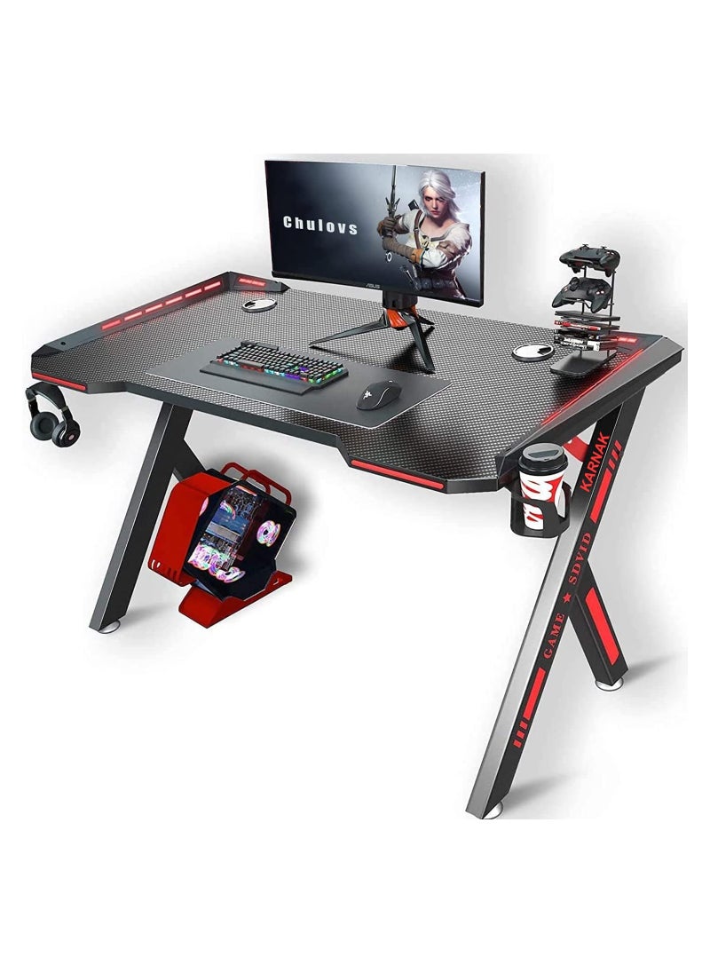 KARNAK - Master Gaming Desk With Remote RGB Lights PC Computer Gaming Table Y Modern Shaped Gamer Home Office Computer Desk Table With Handle Rack Cup Holder Headphone Hook Size 140x65x75 cm - Image 1
